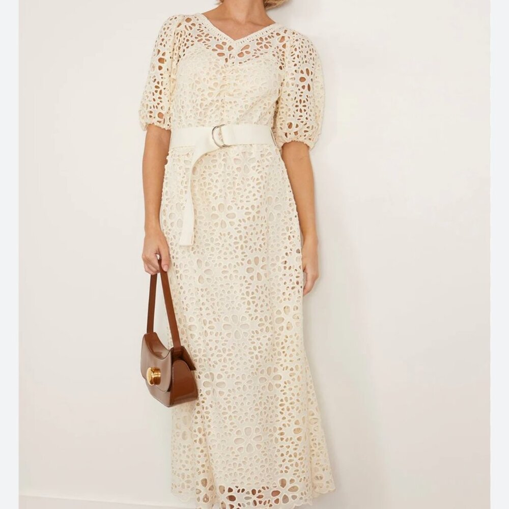 SEA New York Lumi Eyelet Ivory Short Sleeved Belted Dress Women's 14